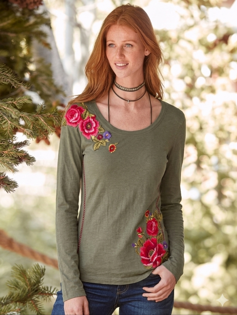 Vtg Sundance Embroidered Roses Medium Cotton Long Sleeve Shirt